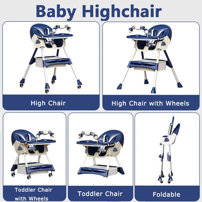 Portable High Chair with Wheels, Foldable Travel High Chair for Babies Toddlers, Blue